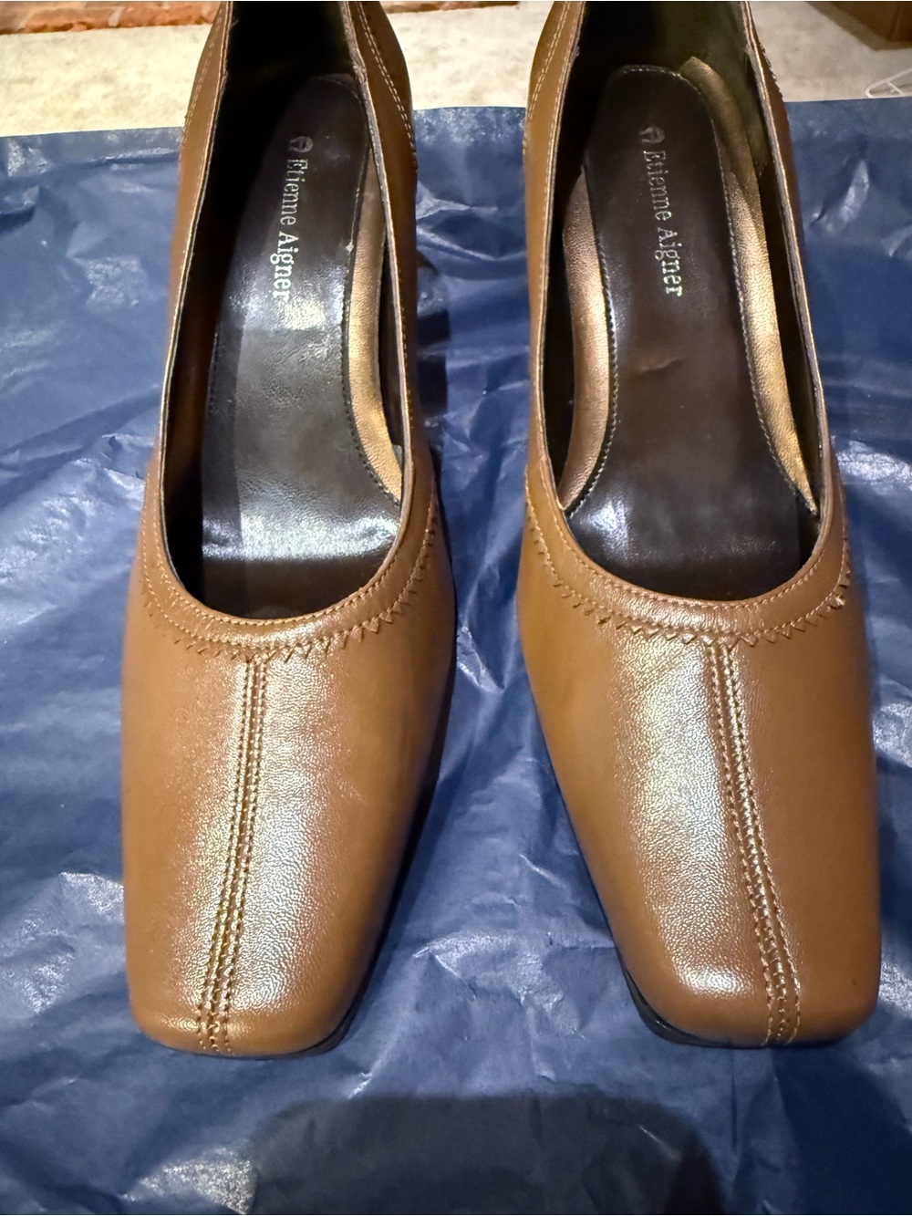 Vintage Etienne Aigner Tan Leather Square Toe Block Heel Pumps Size 8M